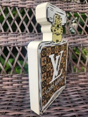 LV Perfume Bottle Decorative Accent Standing Wood Art - Handmade Fashionn